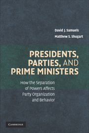 cover for Presidents, Parties, and Prime Ministers: How the Separation of Powers Affects Party Organization and Behavior by David J. Samuels and Matthew S.Shugart